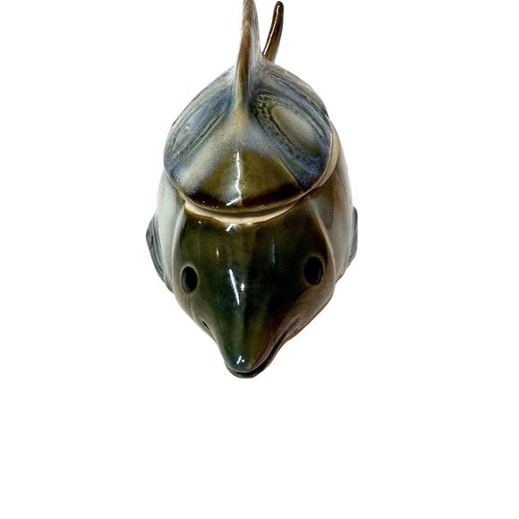 Art Glazed Pottery Fish Trinket Box Bowl With Lid Handmade Unmarked 7" - Picture 4 of 11